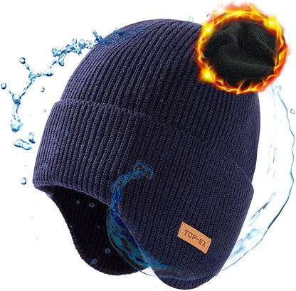 DryKnit™ Waterproof Merino Wool Beanie with Ear Flaps – Fleece Lined Winter Hat for Large Heads