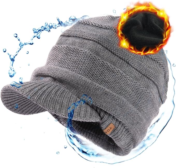 DryKnit™ Waterproof Wool Blend Beanie with Brim – Fleece Lined Warm Winter Hat for Large Heads