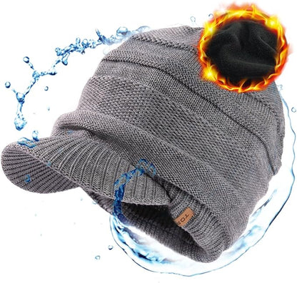 DryKnit™ Waterproof Wool Blend Beanie with Brim – Fleece Lined Warm Winter Hat for Large Heads