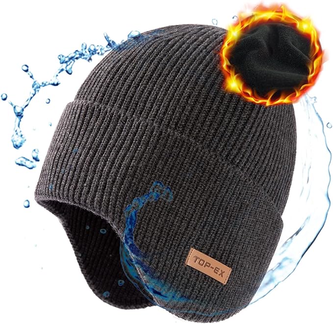 DryKnit™ Waterproof Merino Wool Beanie with Ear Flaps – Fleece Lined Winter Hat for Large Heads