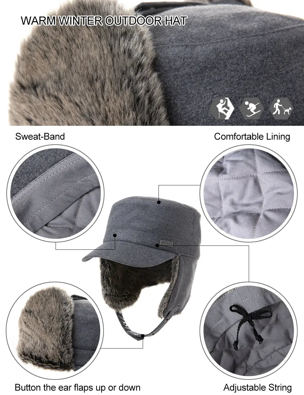 TOP-EX Trapper Hat Earflap Elmer Fudd Military Baseball Cap Winter Warm Unisex TOP-EX