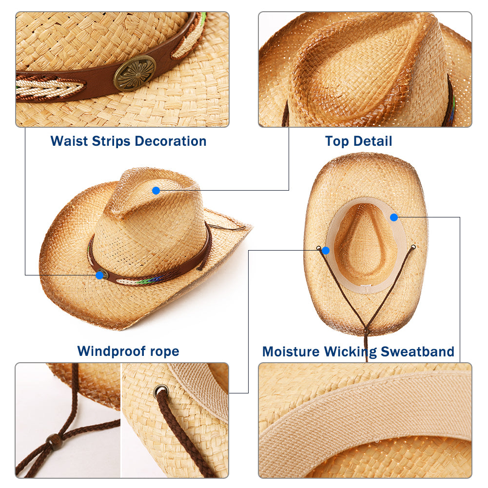 Western Raffia Straw Cowboy Fedora Hat with Chin Cord