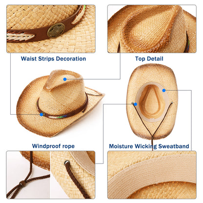 Western Raffia Straw Cowboy Fedora Hat with Chin Cord
