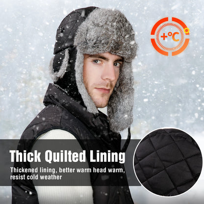 Real Rabbit Fur Leather Trapper Hat with Sheepskin & Earflaps