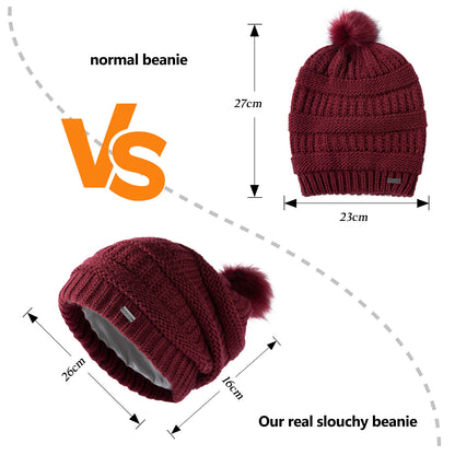 100% Merino Wool Slouchy Pom Beanie – Satin or Fleece Lined for Warmth & Comfort