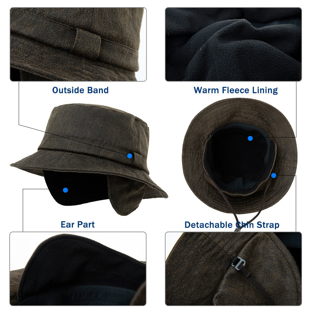 Waterproof Waxed Cotton Bucket Hat with Fleece-Lined Ear Flaps - Unisex Winter Hat (L/XL/XXL) TOP-EX