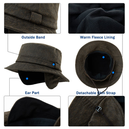 Waterproof Waxed Cotton Bucket Hat with Fleece-Lined Ear Flaps - Unisex Winter Hat (L/XL/XXL) TOP-EX