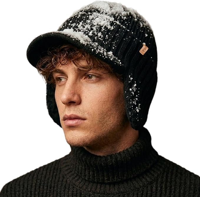DryKnit™ Waterproof Merino Wool Beanie with Ear Flaps – Fleece Lined Winter Hat with Brim