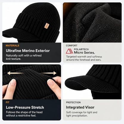 DryKnit™ Waterproof Merino Wool Beanie with Ear Flaps – Fleece Lined Winter Hat with Brim