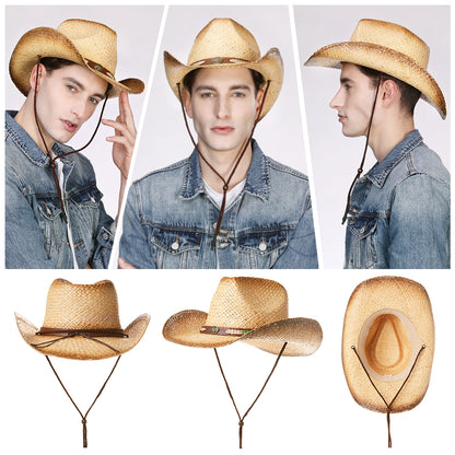 Western Raffia Straw Cowboy Fedora Hat with Chin Cord