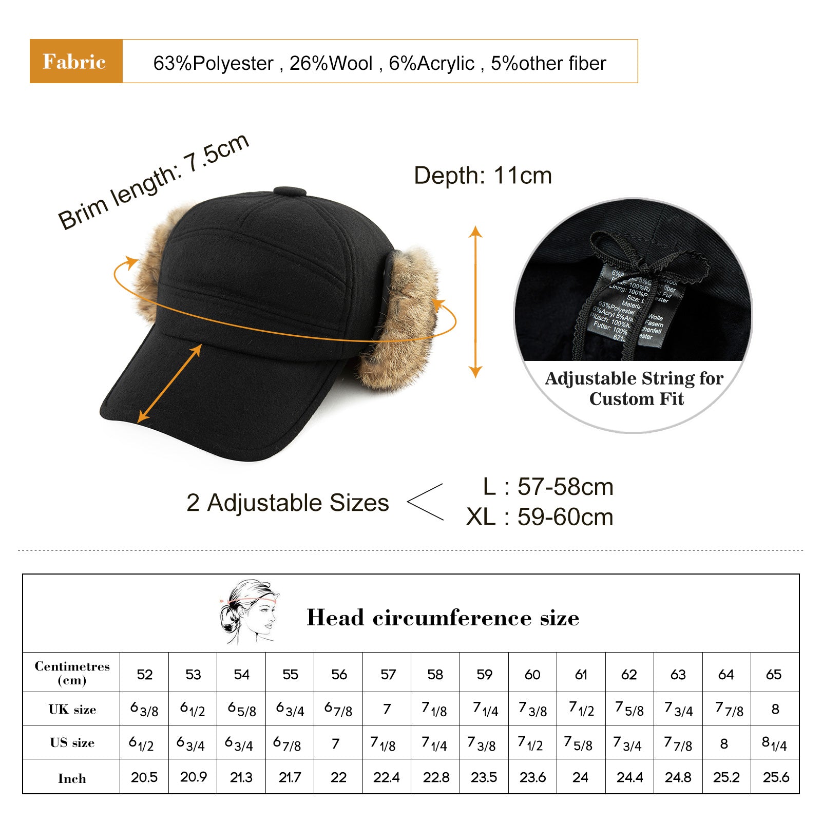 Comhats Wool Baseball Cap Men Fur Hunting Trapper Dad Hats Sports Earflap Unisex M L XL TOP-EX