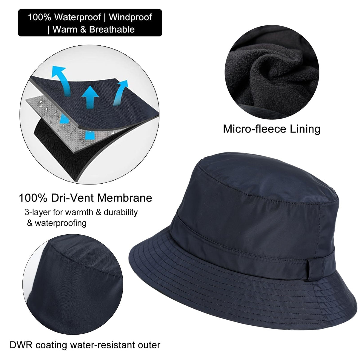 TOP-EX XL XXL Men's Winter Bucket Hat Rain Hats Waterproof Hats Fleece Lined Cold Weather Hats TOP-EX