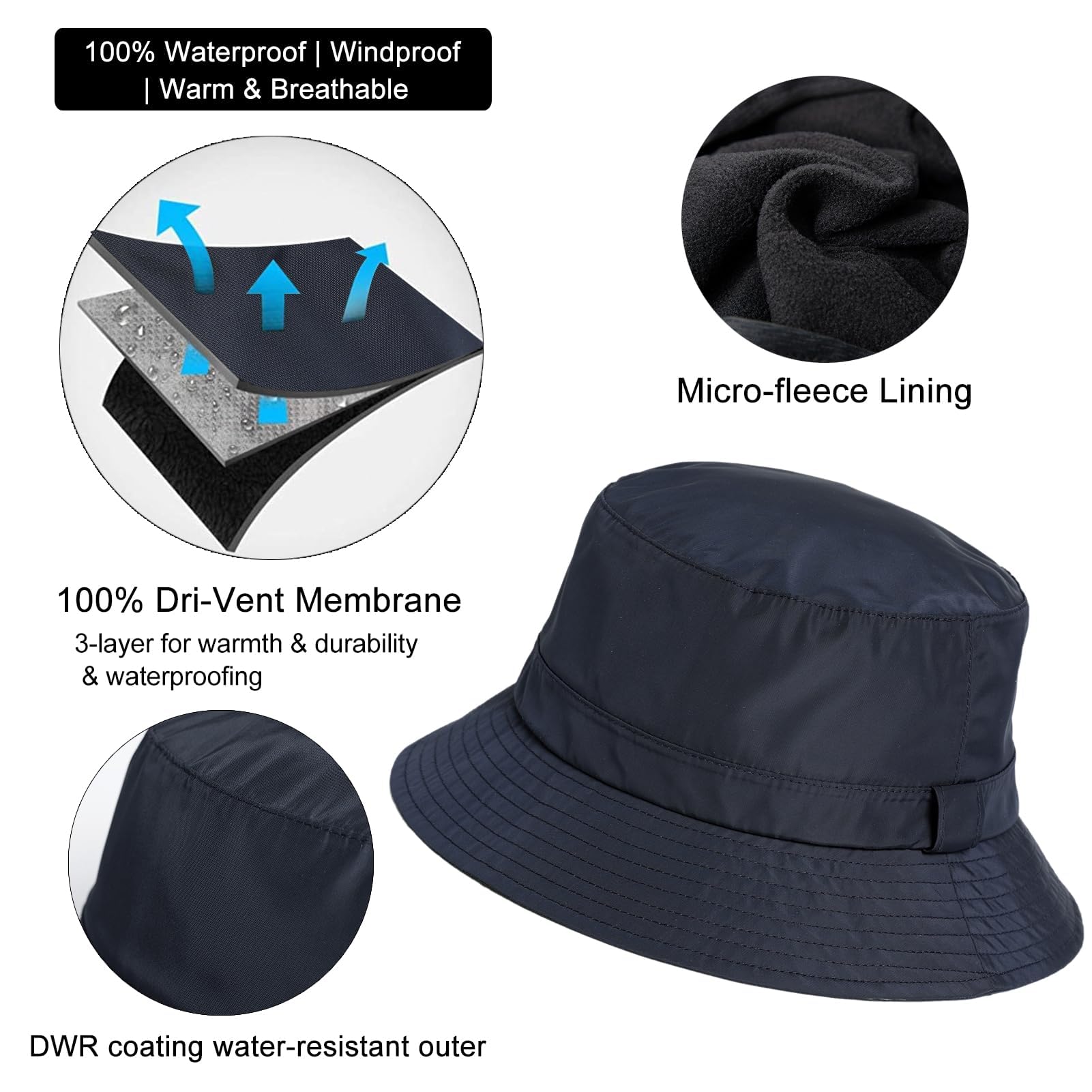 TOP-EX XL XXL Men's Winter Bucket Hat Rain Hats Waterproof Hats Fleece Lined Cold Weather Hats TOP-EX