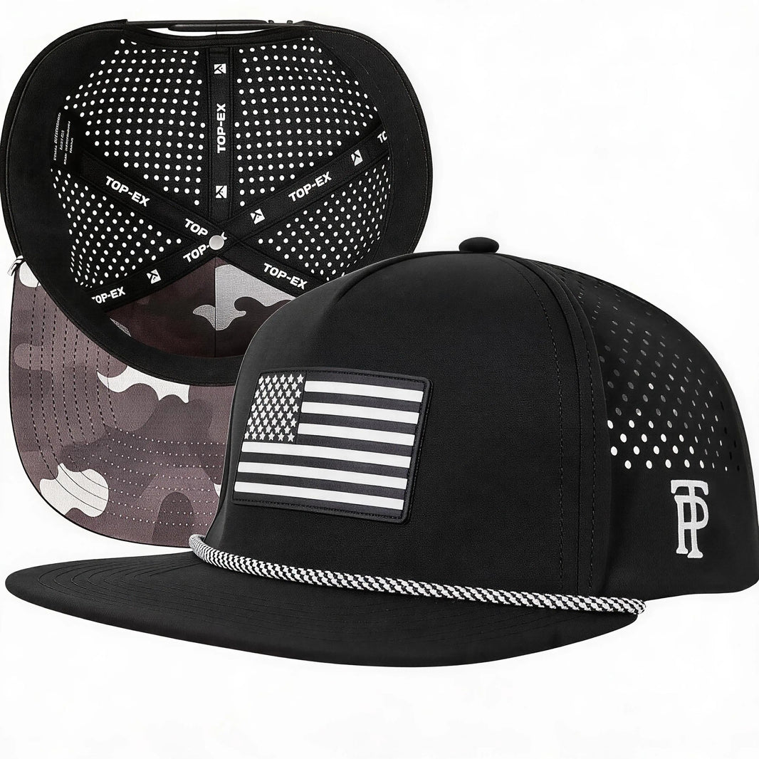 Grey Camo Black American Flag Flat Bill Golf Cap TOP-EX