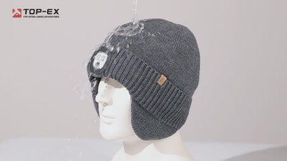 DryKnit™ Waterproof LED Beanie with Ear Flaps – Merino Wool Fleece Lined Winter Hat