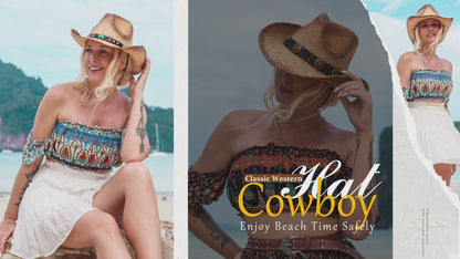 Round Crown Western Straw Cowgirl Hat with Chin Strap